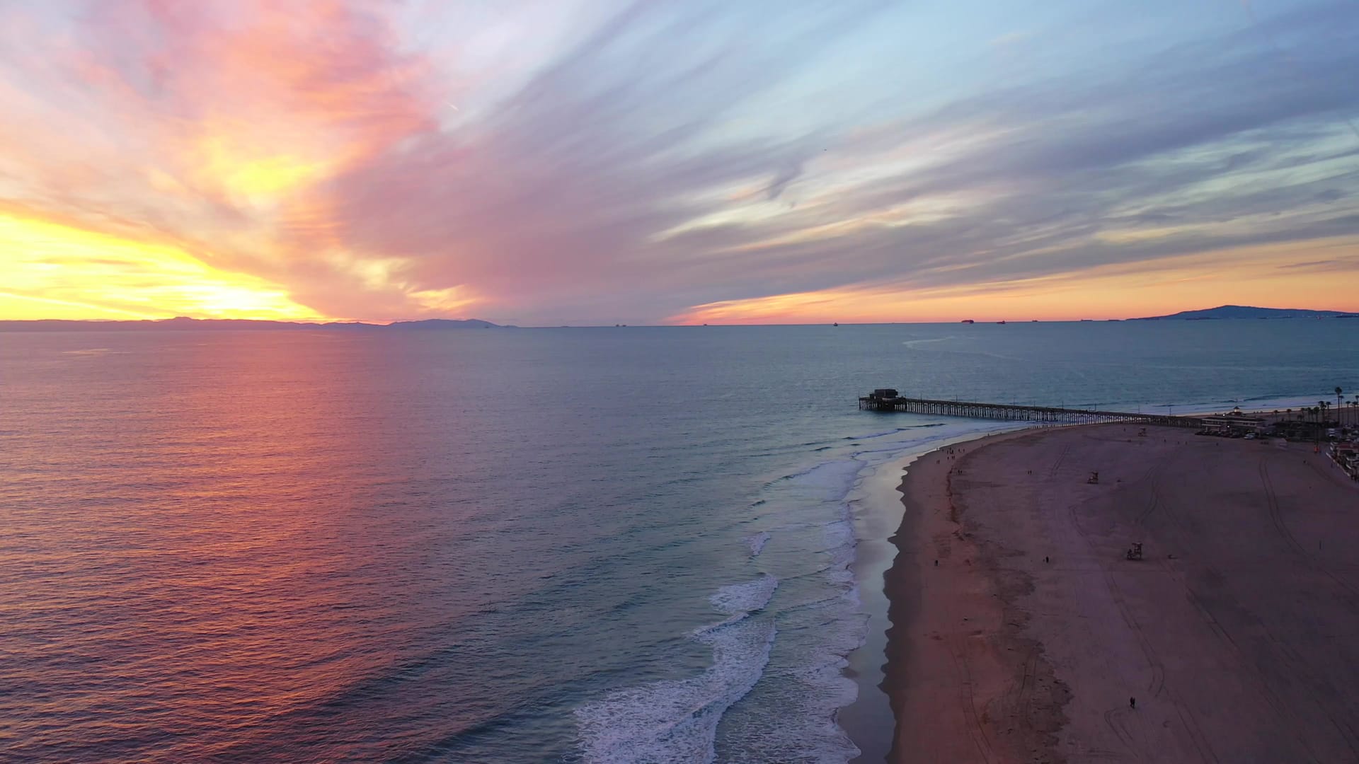 Sunset over the Newport Beach shoreline and pier